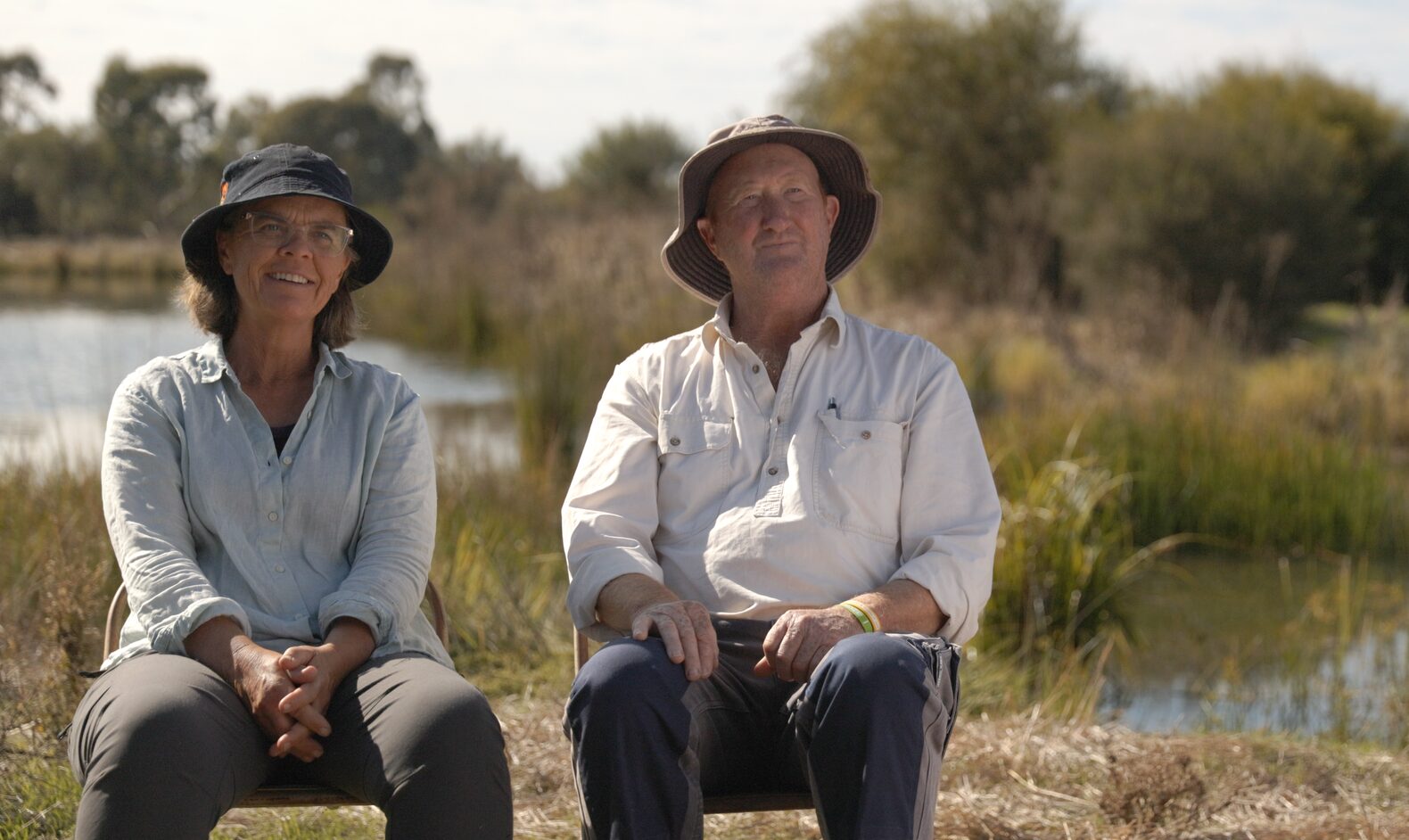Farmers Jo and Greg Bear at a wetland on their farm